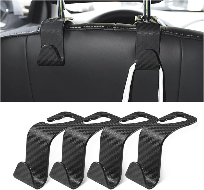 Hanemia Car Back Seat Headrest Hooks, 4 Pack Carbon Fiber Stylish Back Seat Hanger for Car Handbag Clothes Coats Grocery Bags, Car Interior Accessories (Carbon Fibre/Black) - Image 1